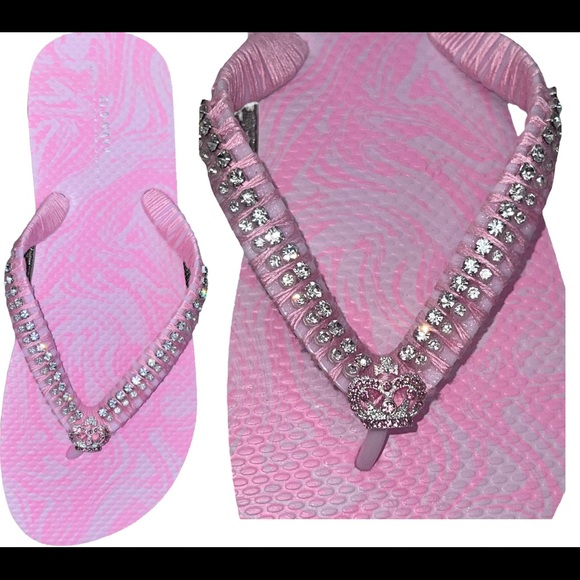 Pink Princess Flip Flops SZ 5/6, Crystal Trimmings, Crown Rhinestone Buttons - Picture 10 of 15